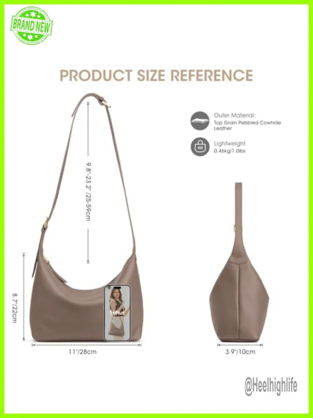 Medium Leather Hobo Bag with Removable Crossbody Strap, Soft Genuine Top Grain